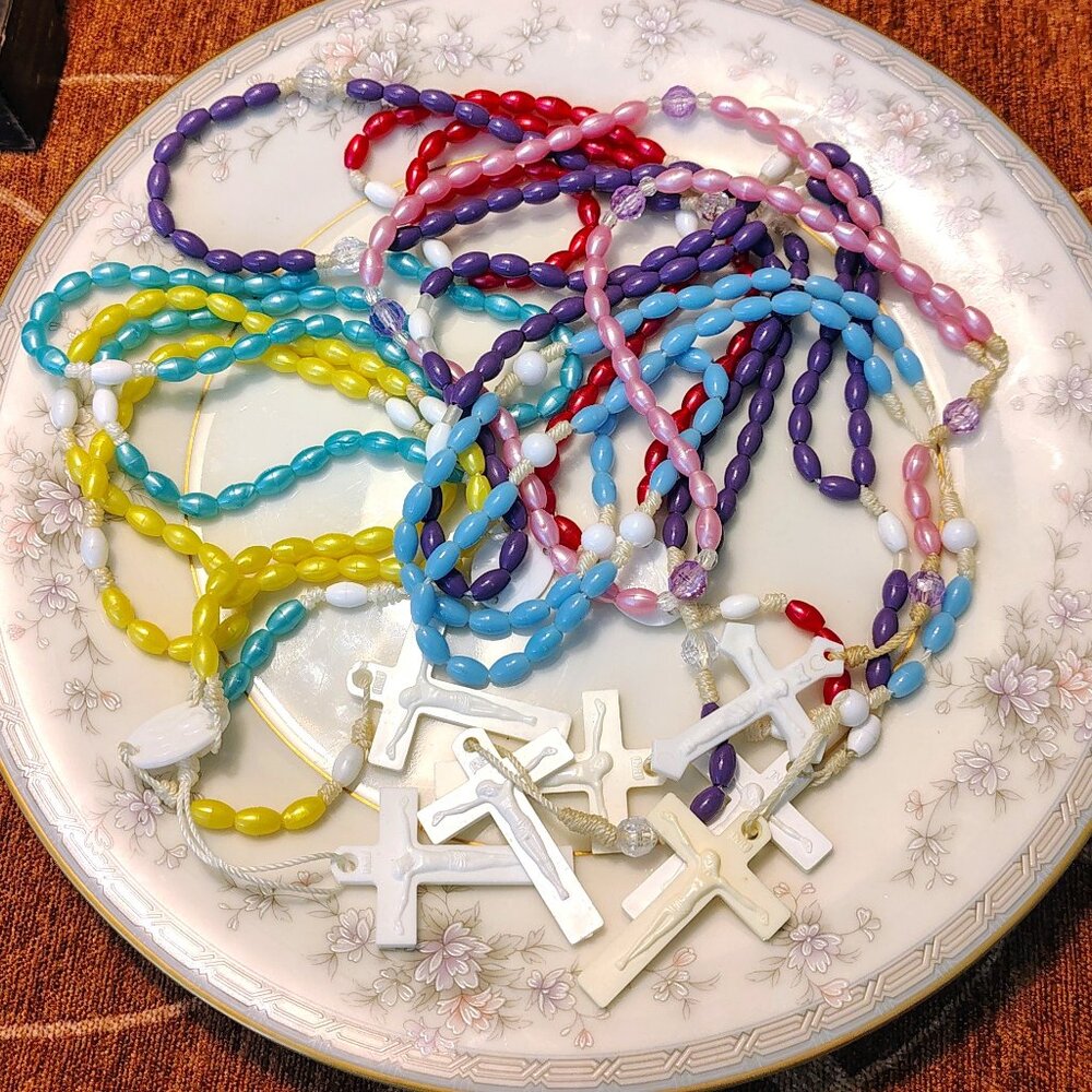 Vtg Catholic ROSARY PLASTIC BEADS Pink, Blue, Purple, Aqua, Yellow, Red Lot of 7